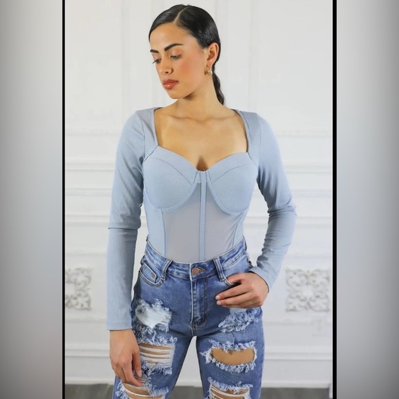 Women's Blue Long Sleeve bodysuit Top - Picture 1 of 3